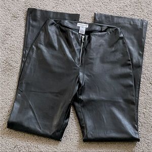 Black faux leather flare zip up front pants